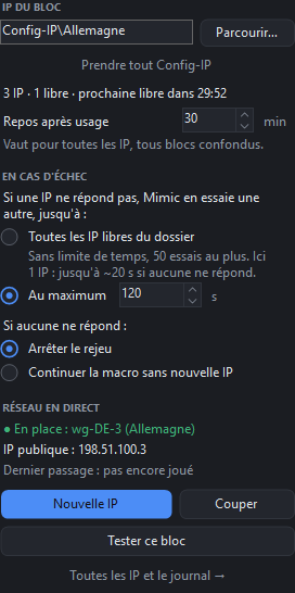 L’inspecteur d’un contrôle d’IP : dossier Config-IP\Allemagne, repos 30 min, en cas d’échec 120 s au maximum puis arrêter le rejeu, réseau en direct, boutons Nouvelle IP, Couper, Tester ce bloc.
